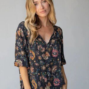 Natural Life Maribel Top - Black Floral Multicolor Womens XL 3/4 Sleeves